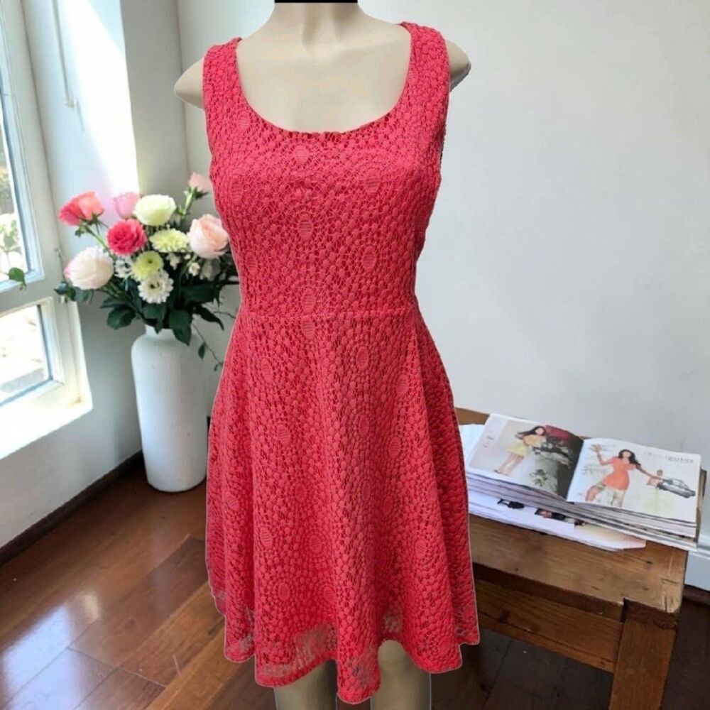 Xhilaration Skater Dress Womens XL Red Lace Overlay Scoop Neck Twee Boho-Glam